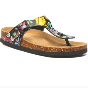 Maibulun Black Floral T-Strap Whimsical Colorful Boho Hippy Inspired Sz 9 Sandal